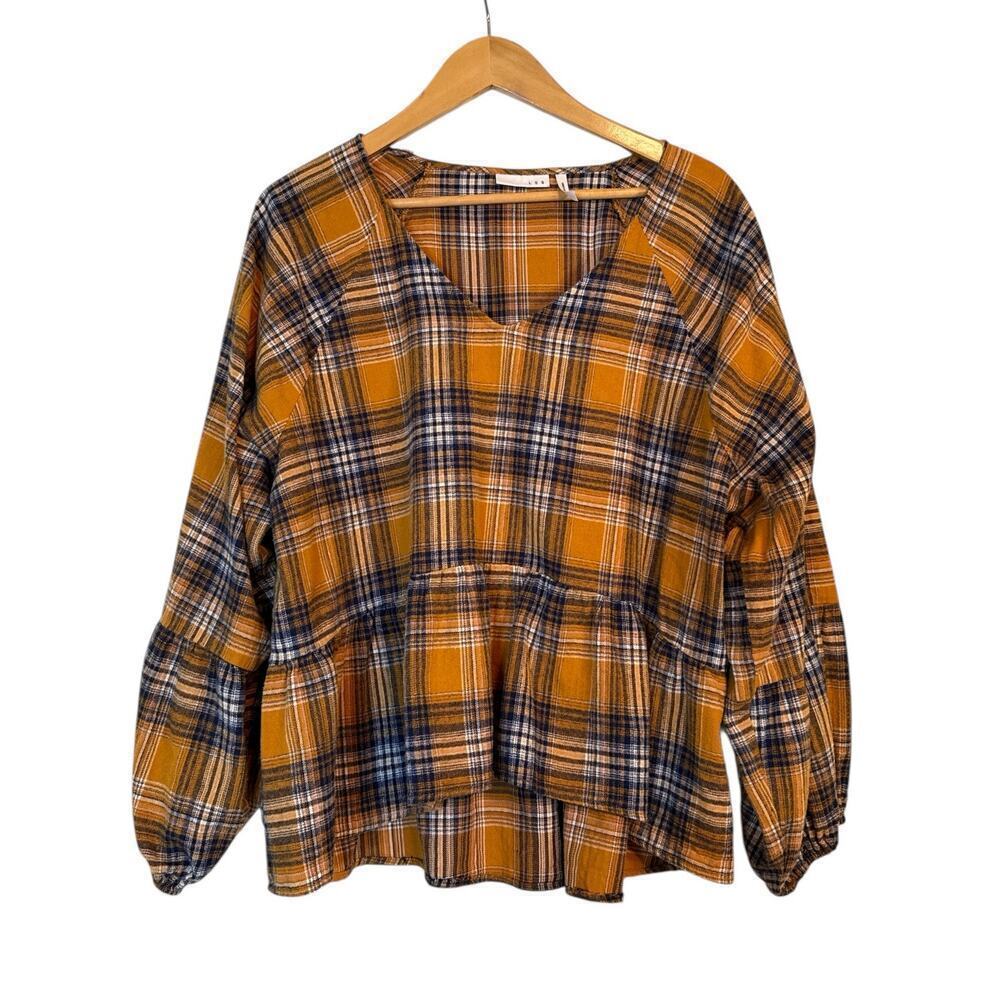 LUQ Women Cotton Flannel Plaid Ruffle Hem Pullover Top Blouse Size L Multicolor